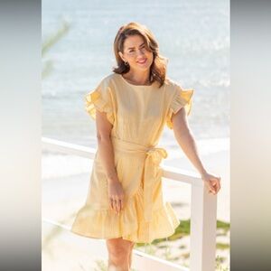 Joe Fresh x Jillian Harris Sunshine Ruffle Dress Linen Blend Yellow Striped